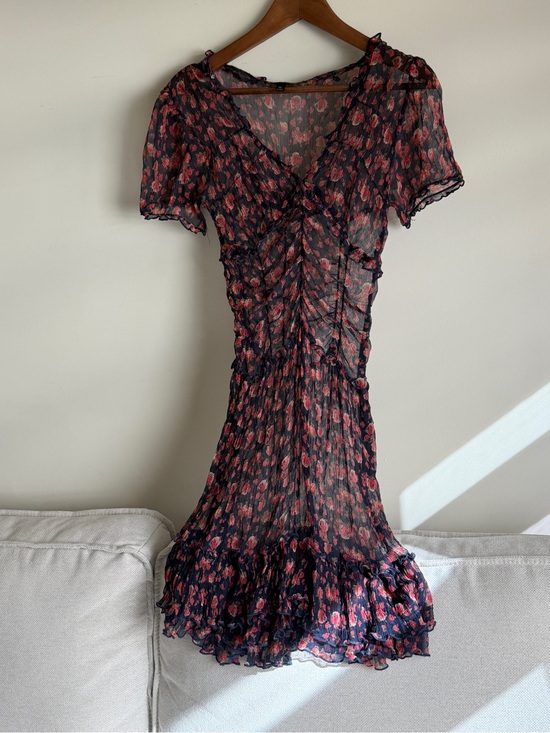 Topshop Dresses & Skirts - Black & Red Floral Sheer Ruffled V-Neck Midi Dress